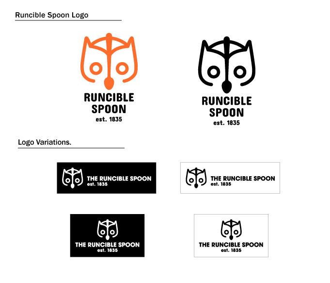 Logo variations for fake company called The Runcible Spoon.